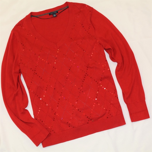 Tommy Hilfiger Sweater Women XL Red Argyle Christmas Valentine V-neck Top READ! - Picture 2 of 8